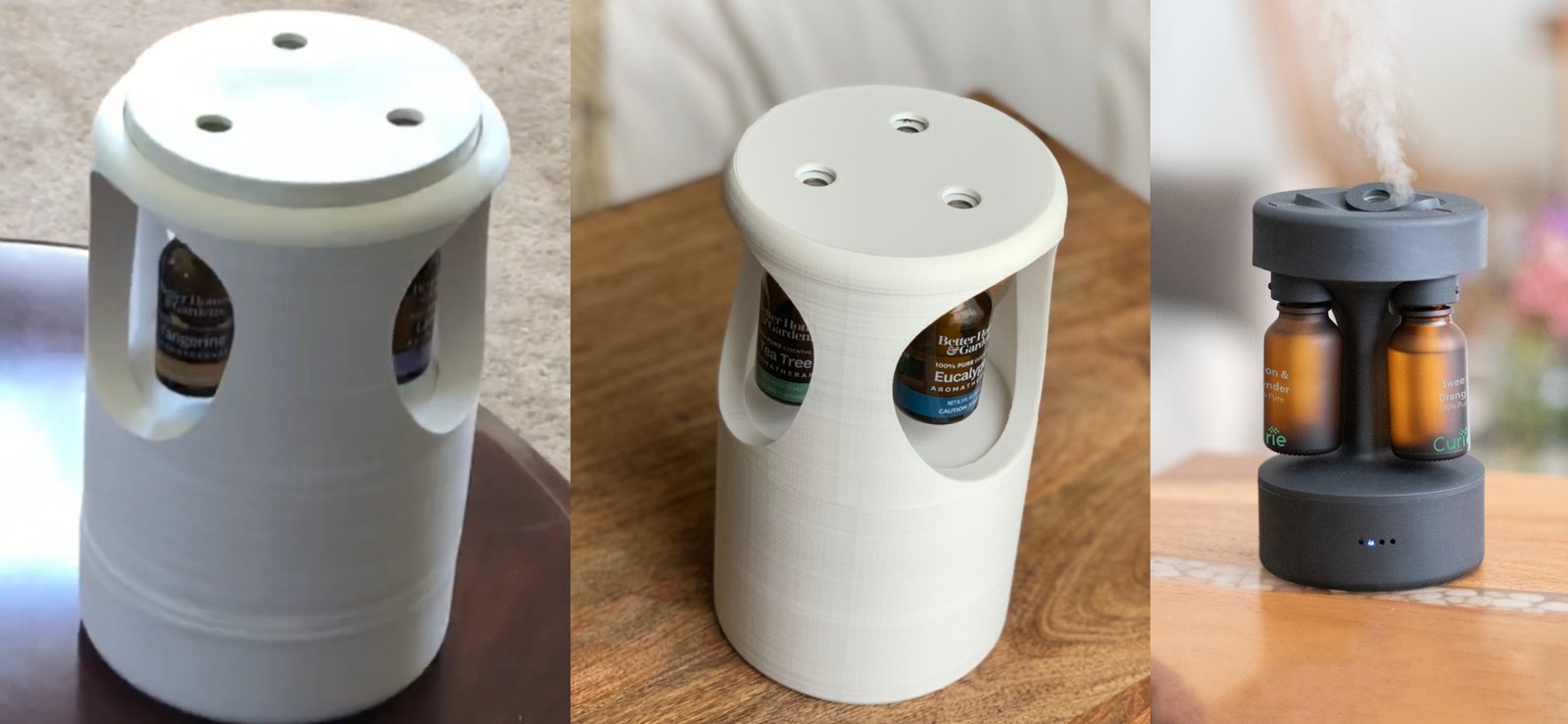 Three generations of Curie side by side: a rough white PLA print on the left, a refined white print in the middle, and the final matte-black production unit with visible mist on the right.